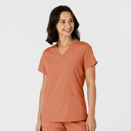 W123 6145 Flex-n-Reach Side Panel V-Neck Scrub Top Terracotta Model Image Front | Wink