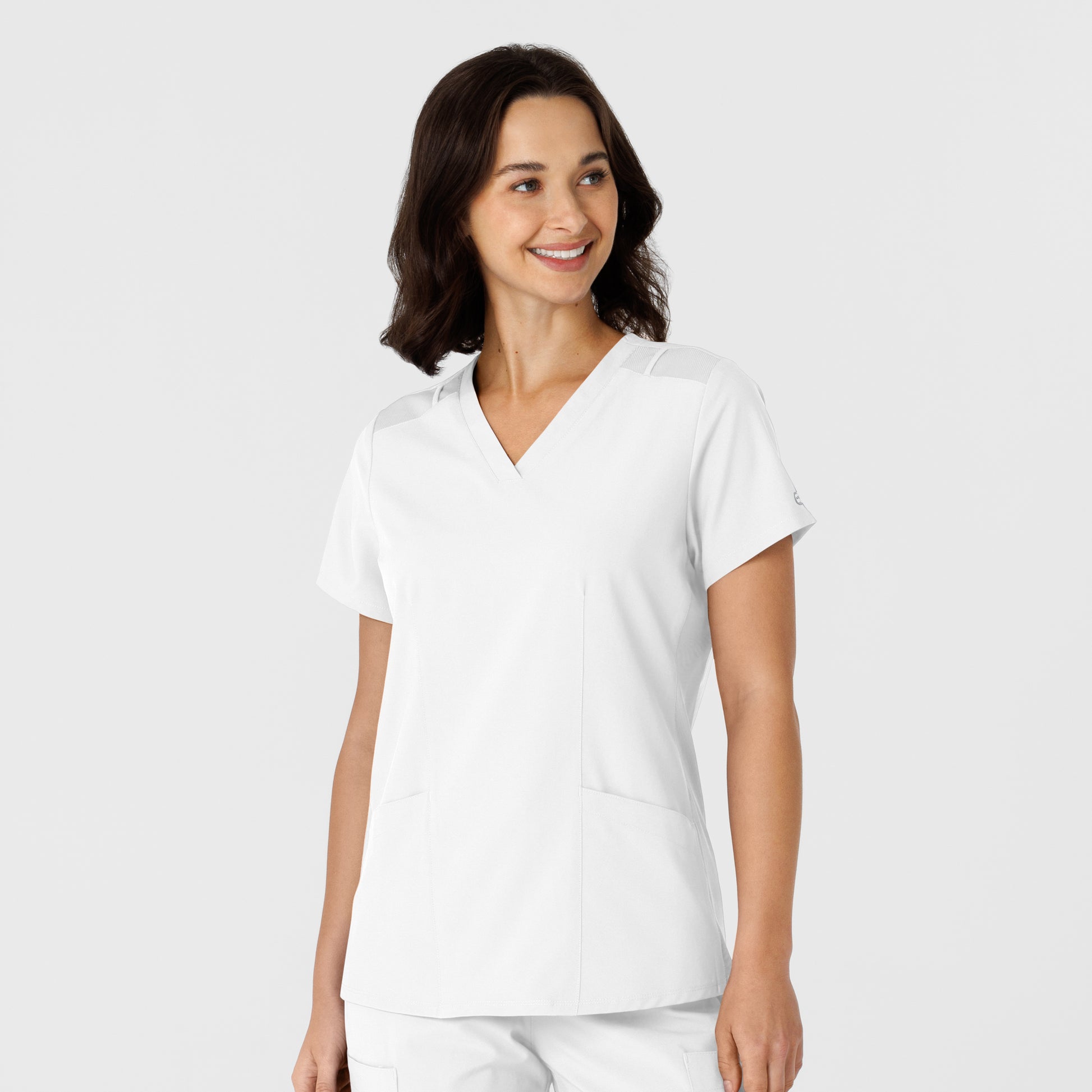 W123 6145 Flex-n-Reach Side Panel V-Neck Scrub Top White Model Image Front | Wink