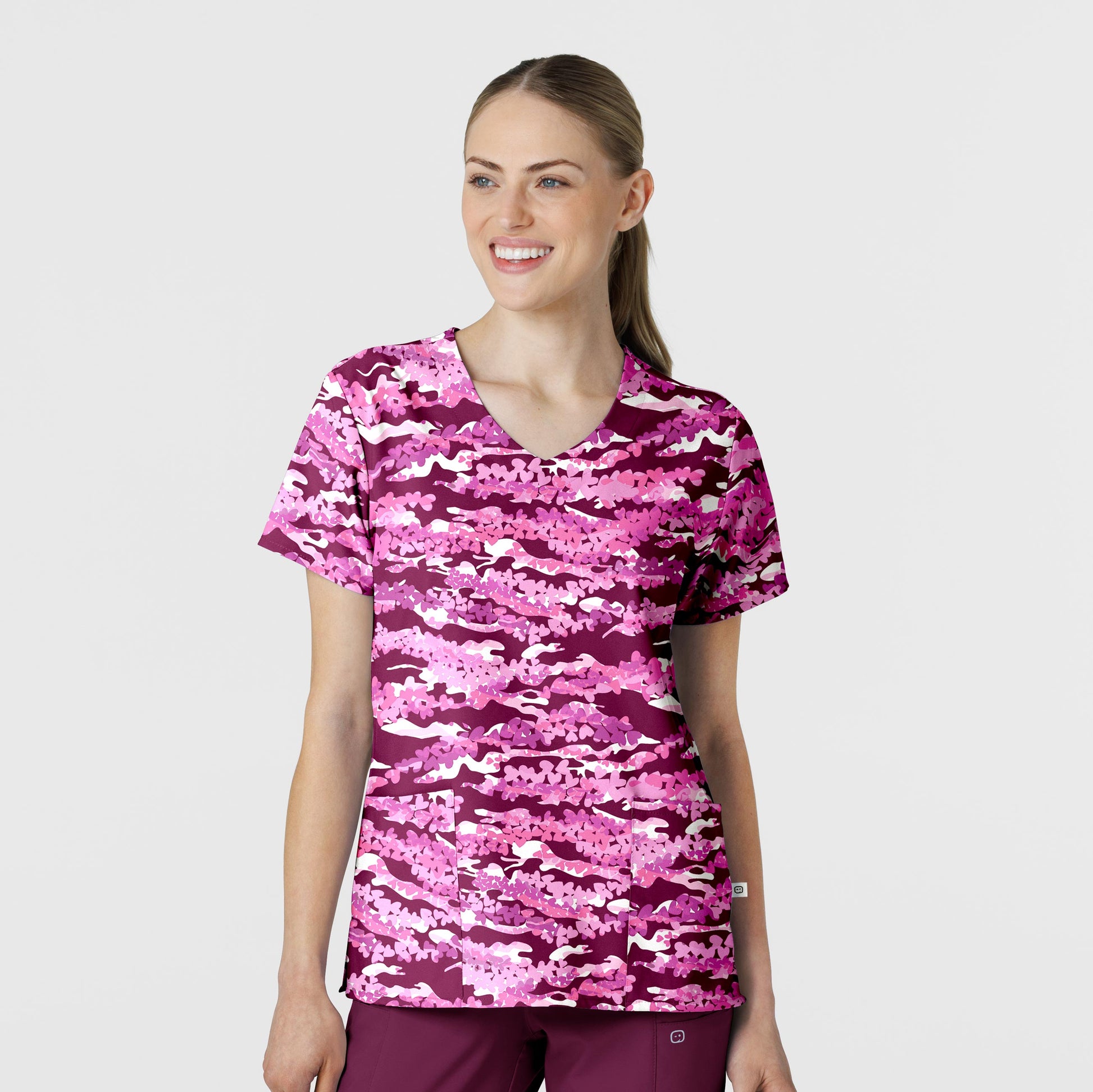 Fashion Prints 6147 V-Neck Print Scrub Top Camo Crush Model Image Front | Wink