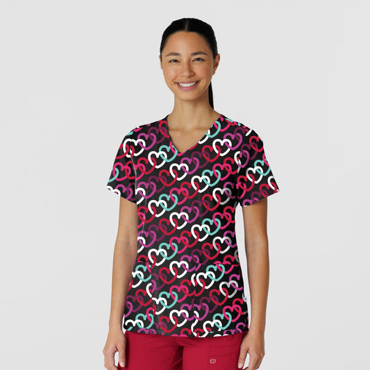 Fashion Prints 6147 V-Neck Print Scrub Top Heart Links Black Model Image Front | Wink