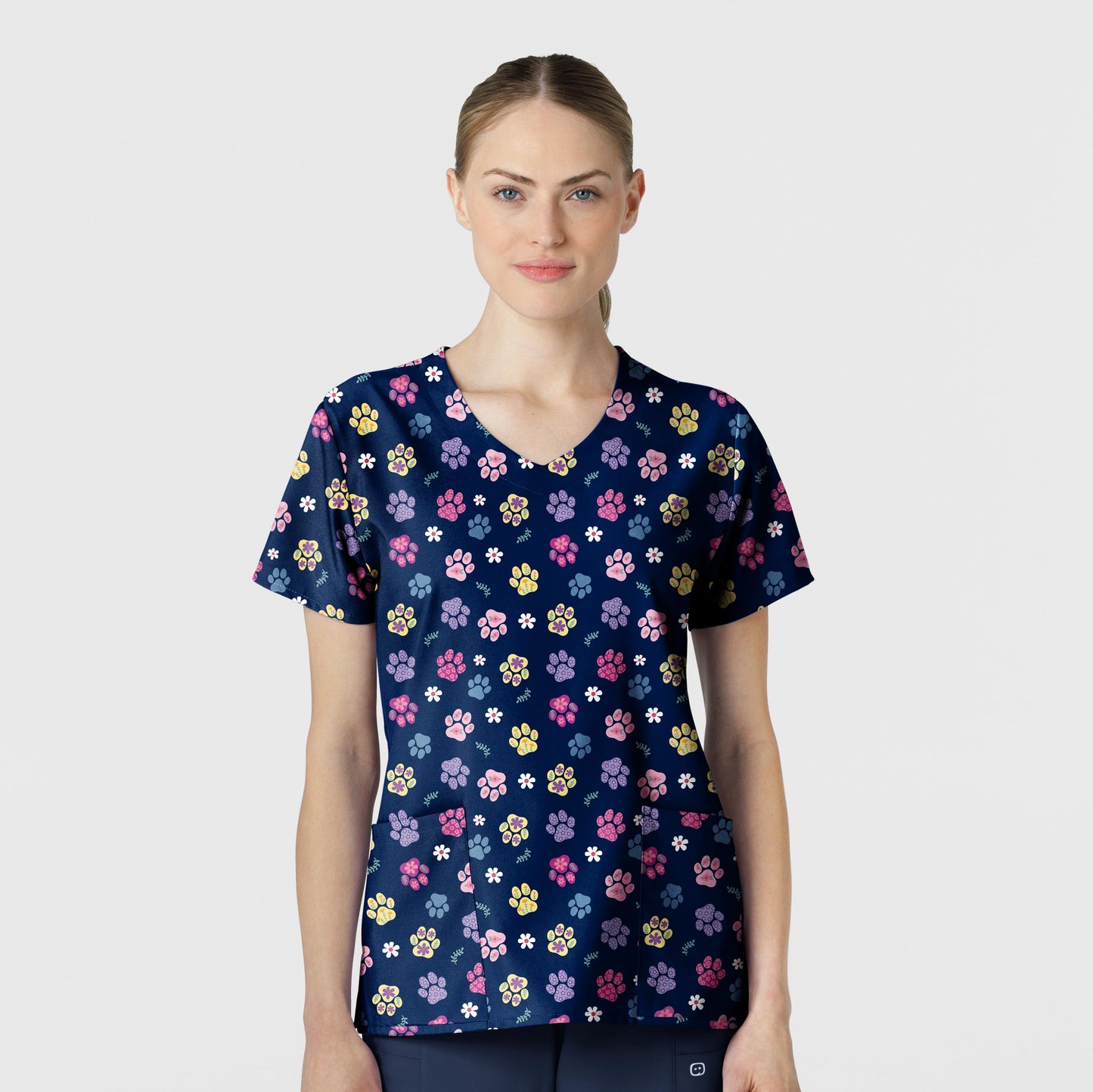 Fashion Prints 6147 V-Neck Print Scrub Top Springtime Stroll Navy Model Image Front | Wink