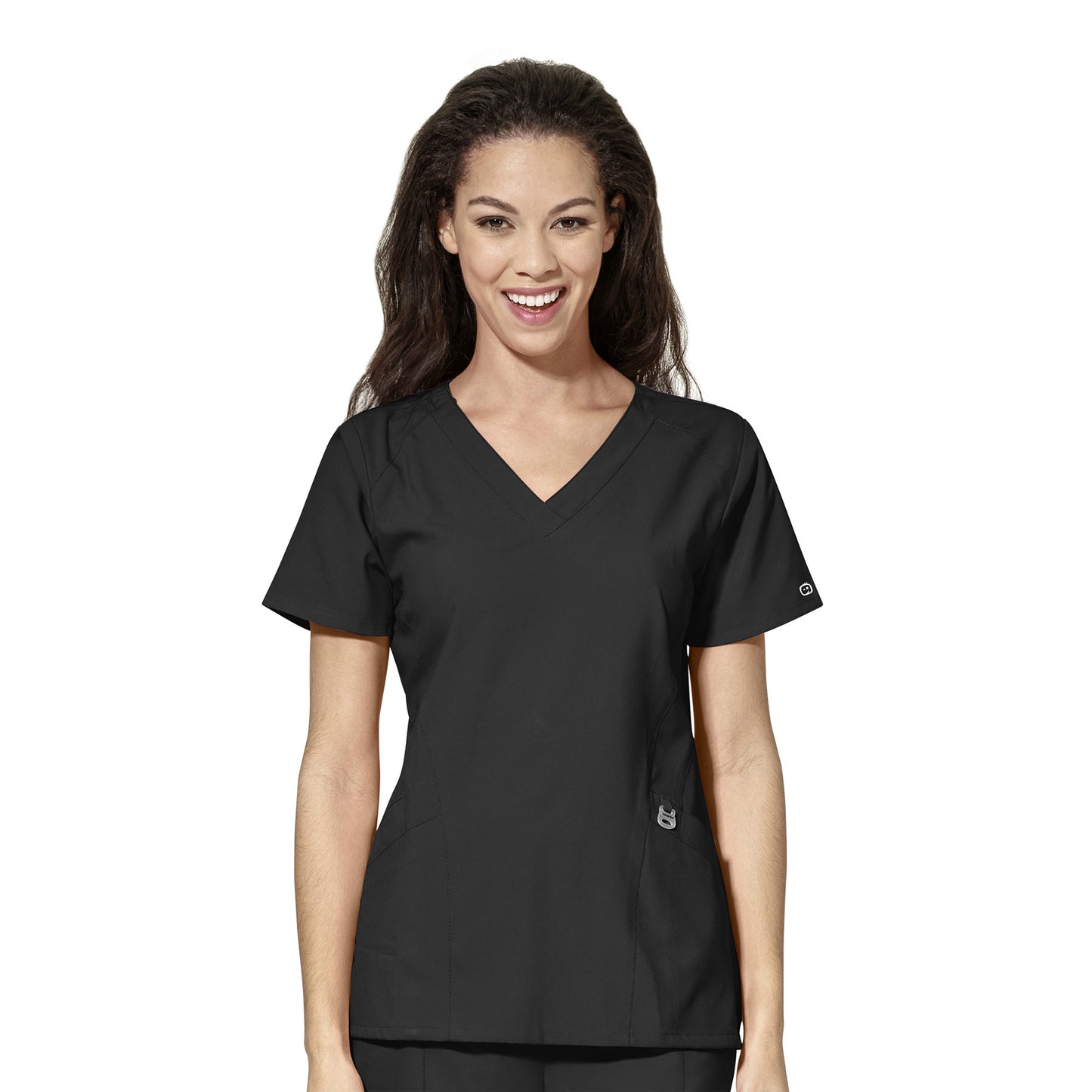 W123 6155 Stylized V-Neck Scrub Top Black Model Image Front | Wink