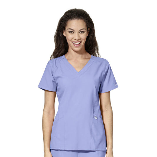 W123 6155 Stylized V-Neck Scrub Top Ceil Blue Model Image Front | Wink