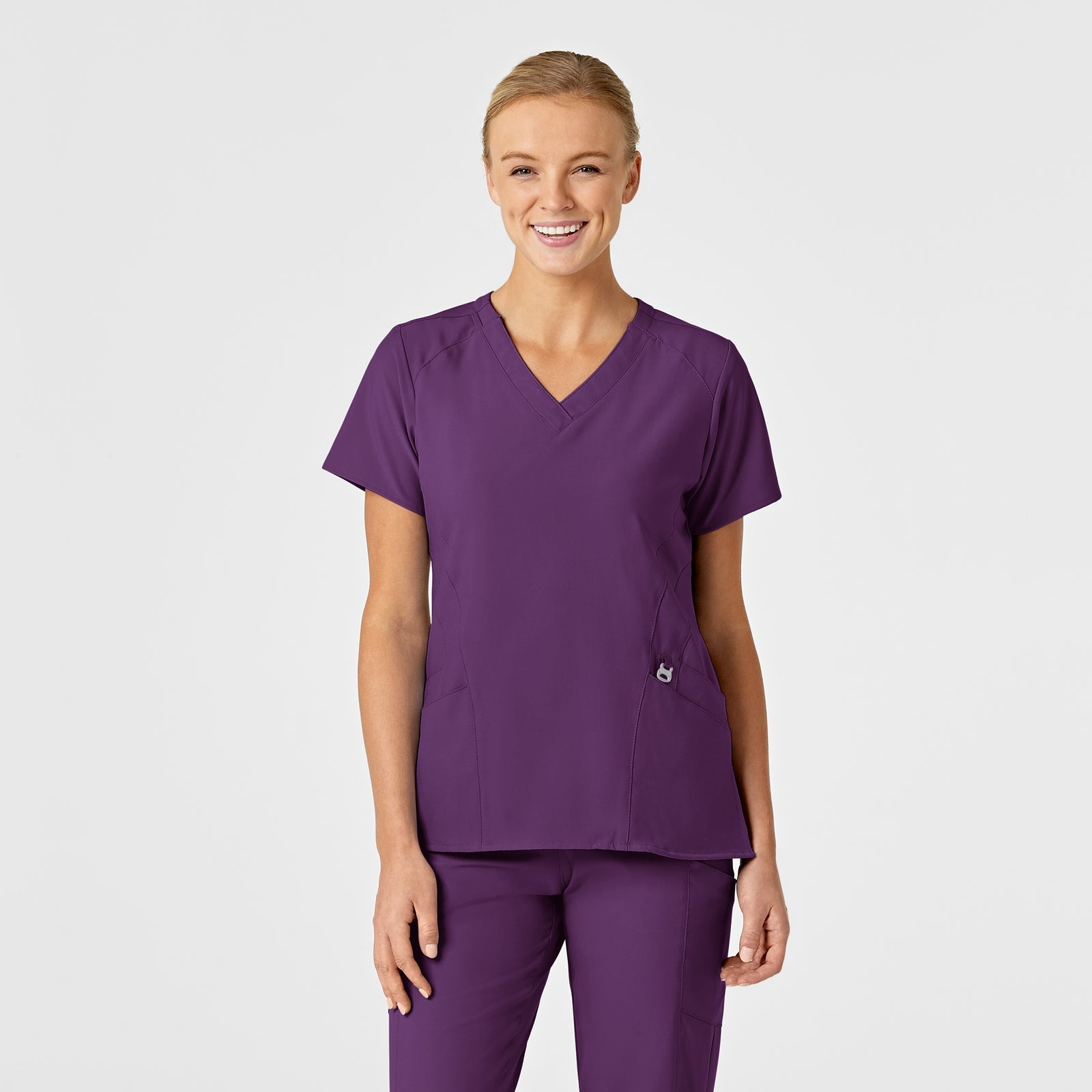 W123 6155 Stylized V-Neck Scrub Top Eggplant Model Image Front | Wink