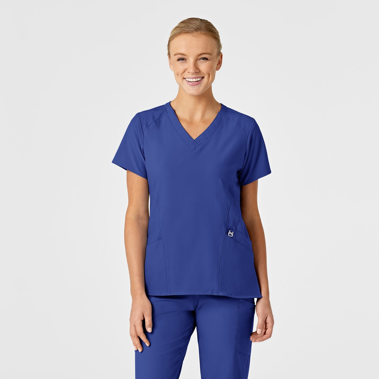 W123 6155 Stylized V-Neck Scrub Top Galaxy Blue Model Image Front | Wink