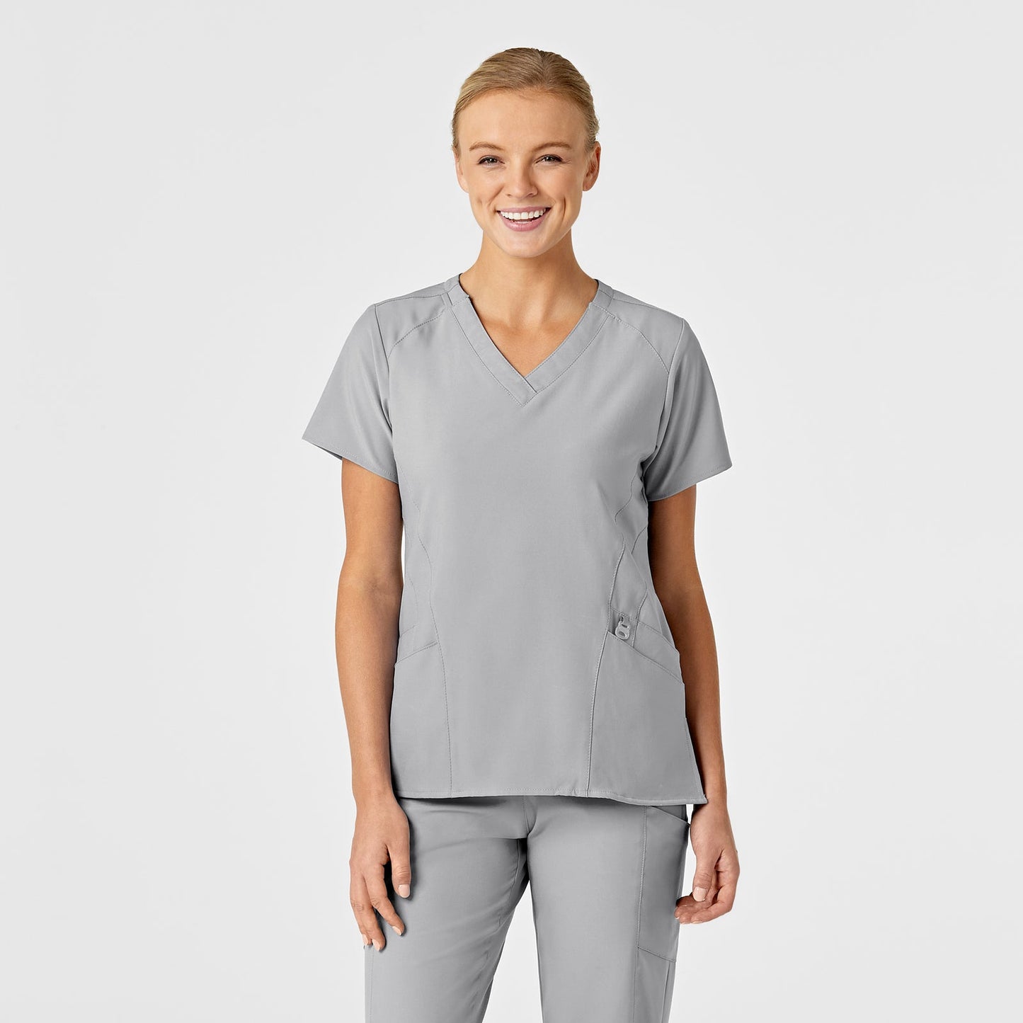 W123 6155 Stylized V-Neck Scrub Top Grey Model Image Front | Wink