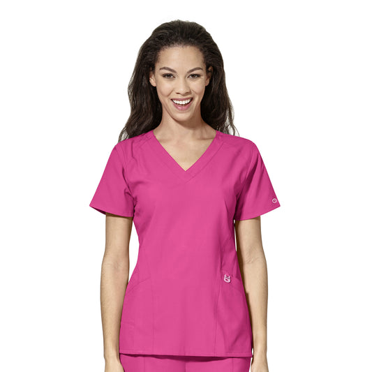 W123 6155 Stylized V-Neck Scrub Top Hot Pink Model Image Front | Wink