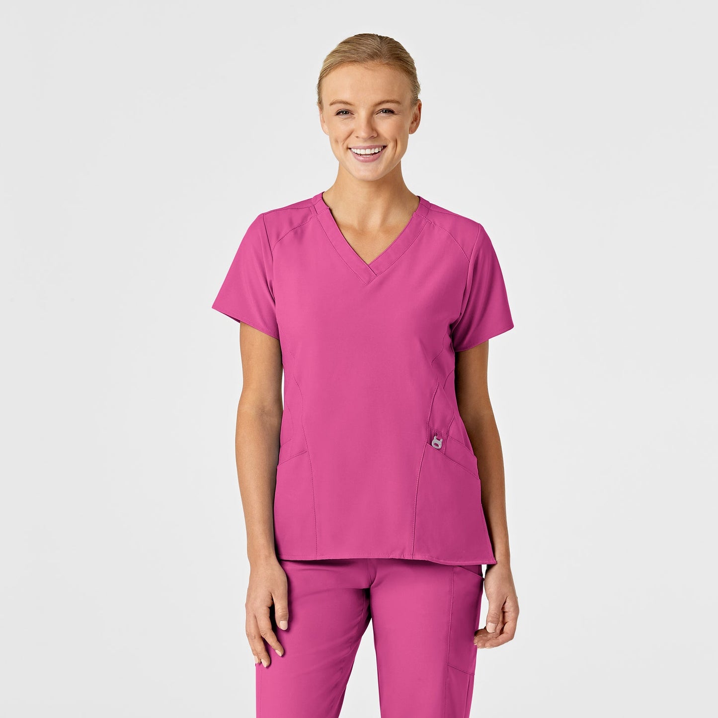 W123 6155 Stylized V-Neck Scrub Top Hot Pink Model Image Front | Wink