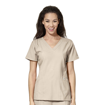 W123 6155 Stylized V-Neck Scrub Top Khaki Model Image Front | Wink