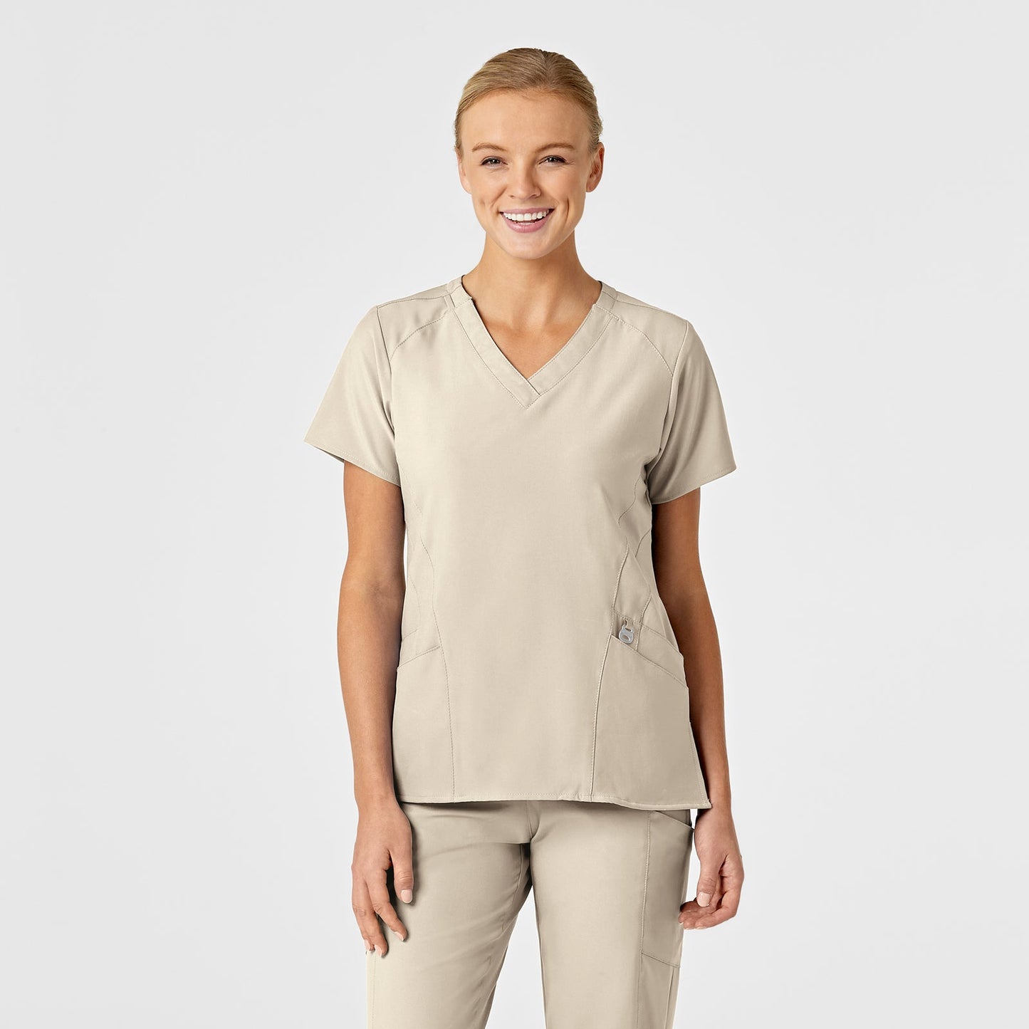 W123 6155 Stylized V-Neck Scrub Top Khaki Model Image Front | Wink