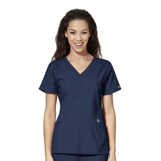 W123 6155 Stylized V-Neck Scrub Top Navy Model Image Front | Wink