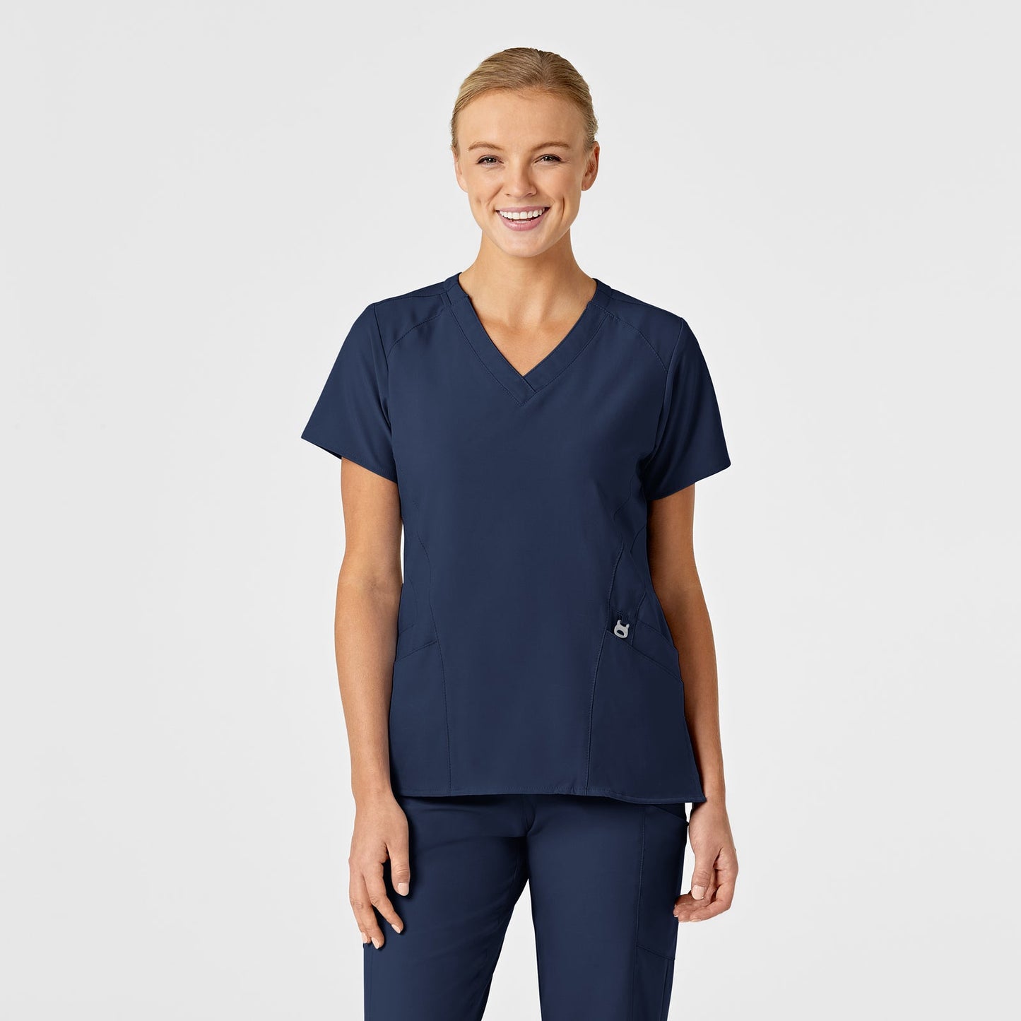 W123 6155 Stylized V-Neck Scrub Top Navy Model Image Front | Wink