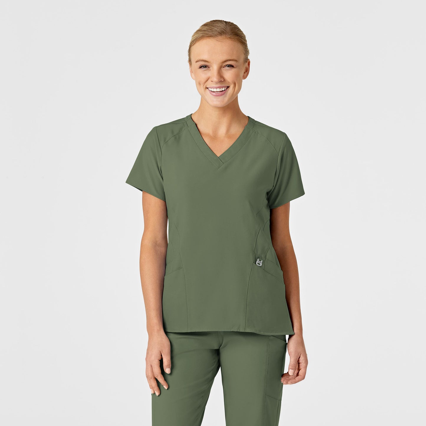 W123 6155 Stylized V-Neck Scrub Top Olive Model Image Front | Wink