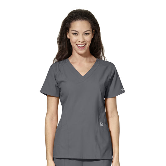 W123 6155 Stylized V-Neck Scrub Top Pewter Model Image Front | Wink