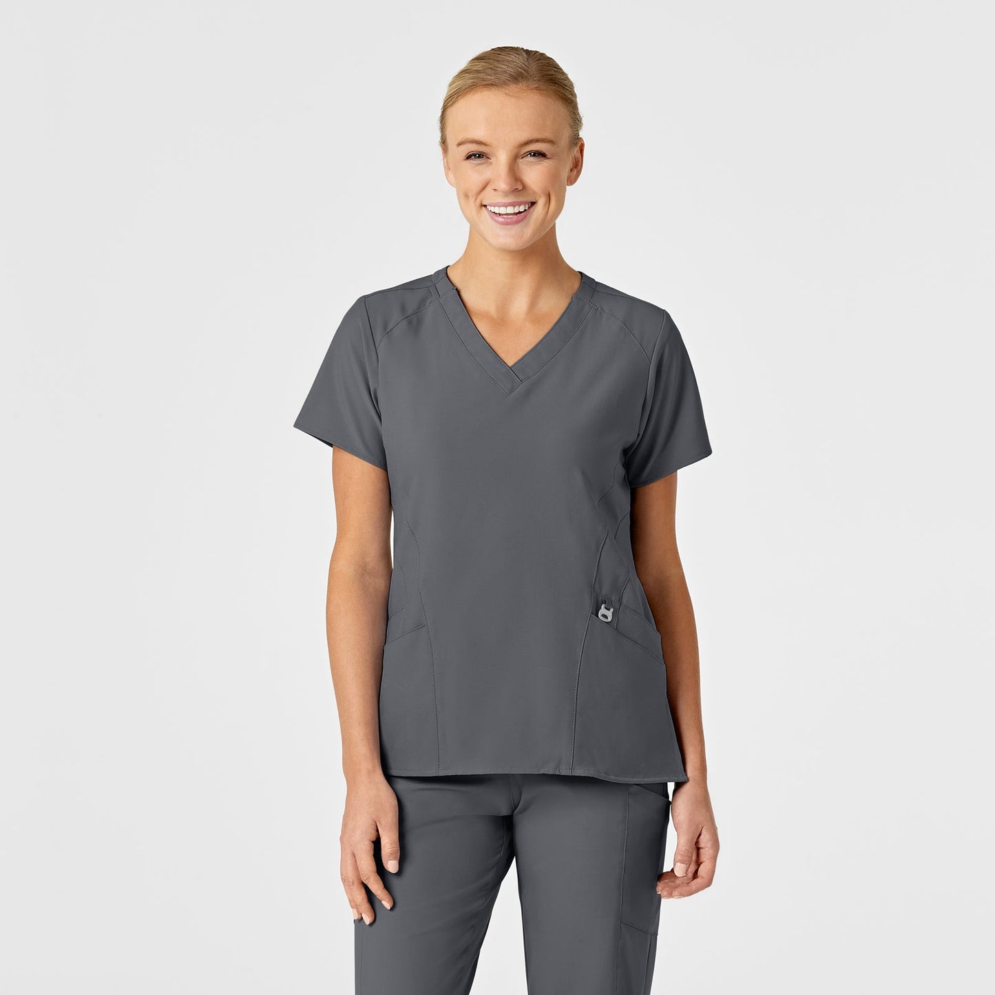 W123 6155 Stylized V-Neck Scrub Top Pewter Model Image Front | Wink