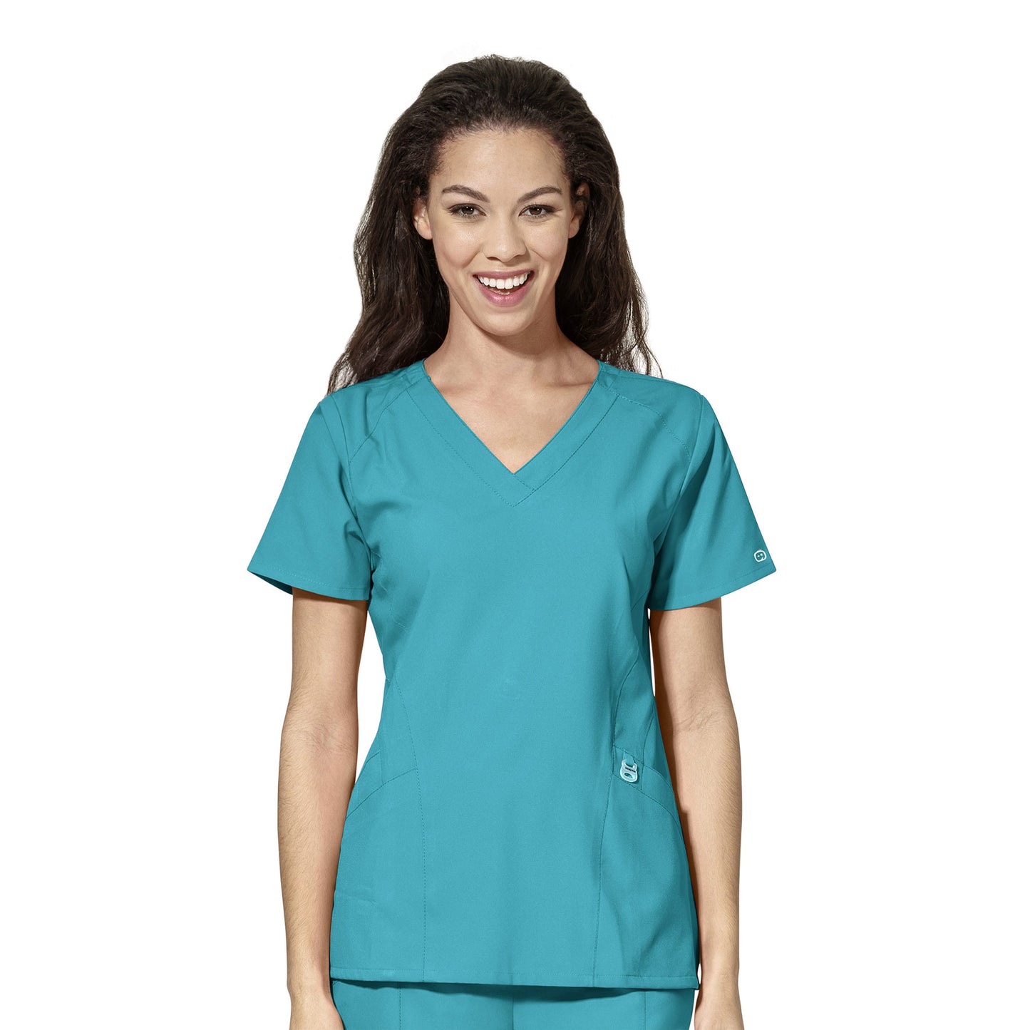 W123 6155 Stylized V-Neck Scrub Top Teal Blue Model Image Front | Wink