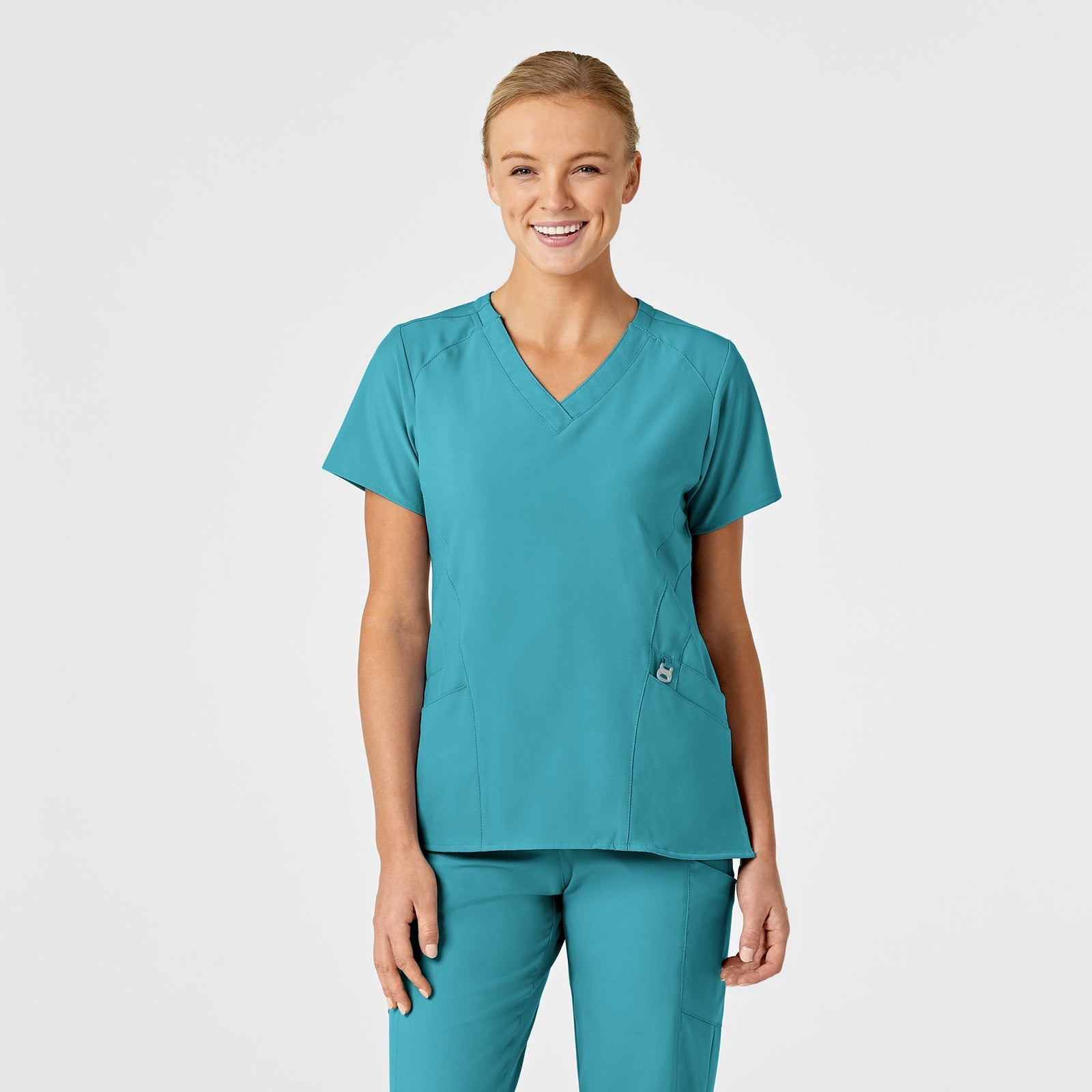 W123 6155 Stylized V-Neck Scrub Top Teal Blue Model Image Front | Wink