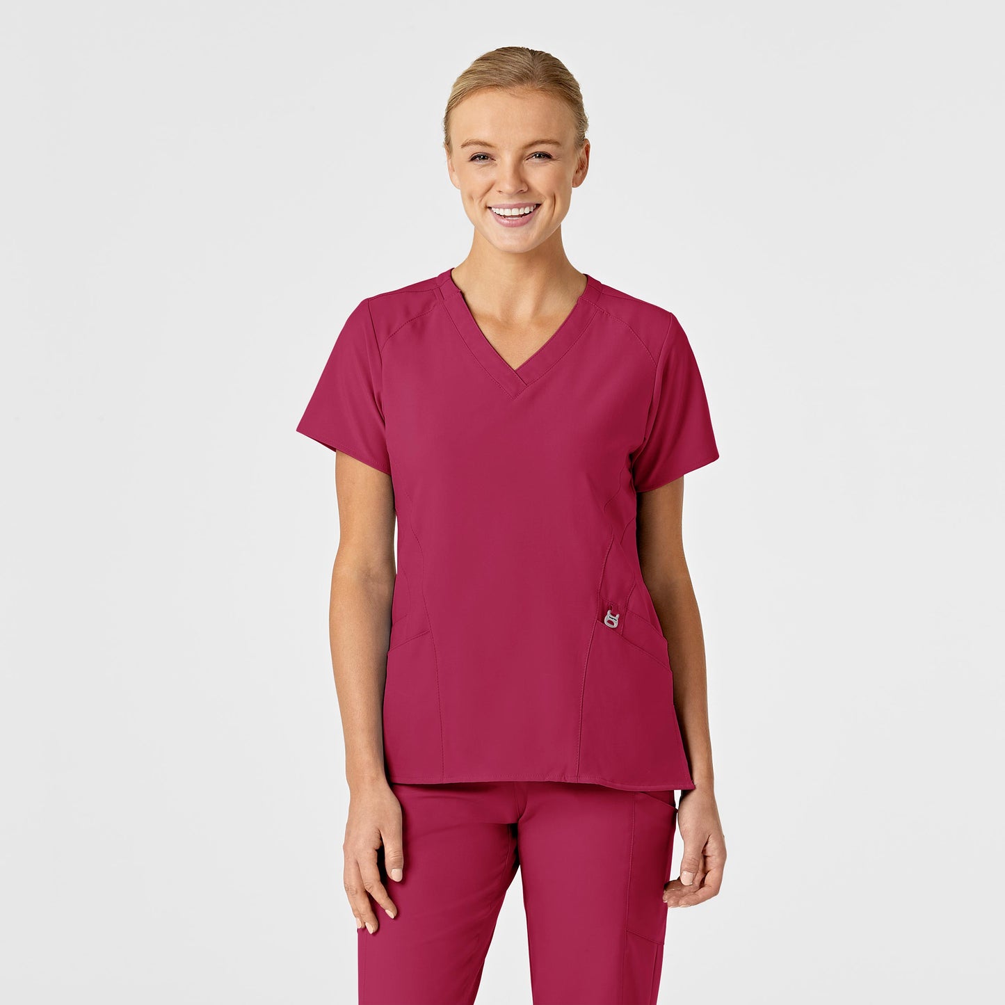 W123 6155 Stylized V-Neck Scrub Top Viva Magenta Model Image Front | Wink