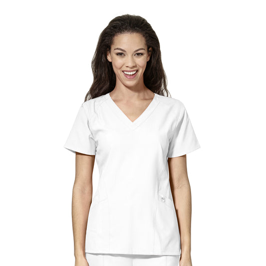 W123 6155 Stylized V-Neck Scrub Top White Model Image Front | Wink