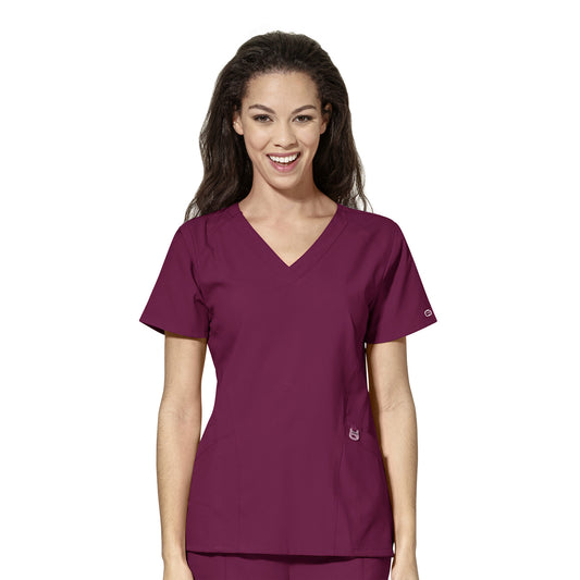 W123 6155 Stylized V-Neck Scrub Top Wine Model Image Front | Wink