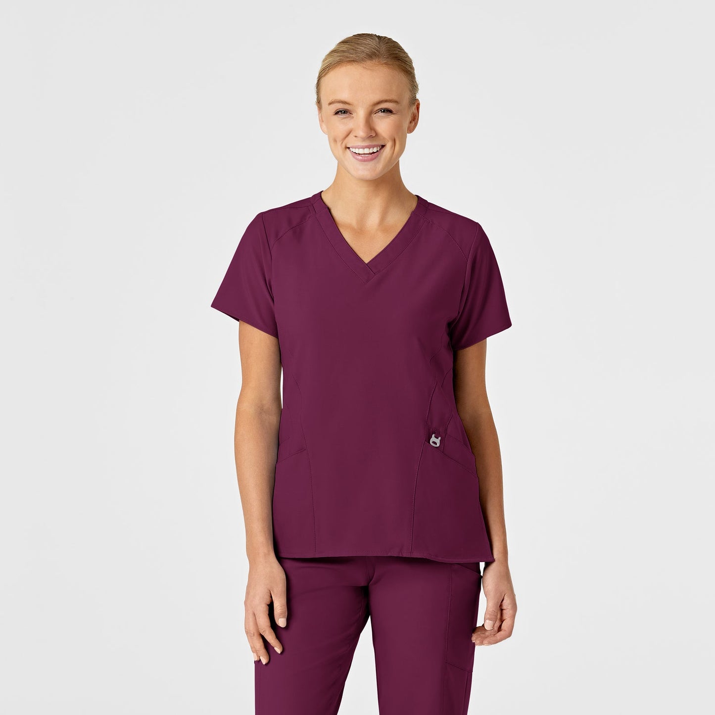 W123 6155 Stylized V-Neck Scrub Top Wine Model Image Front | Wink