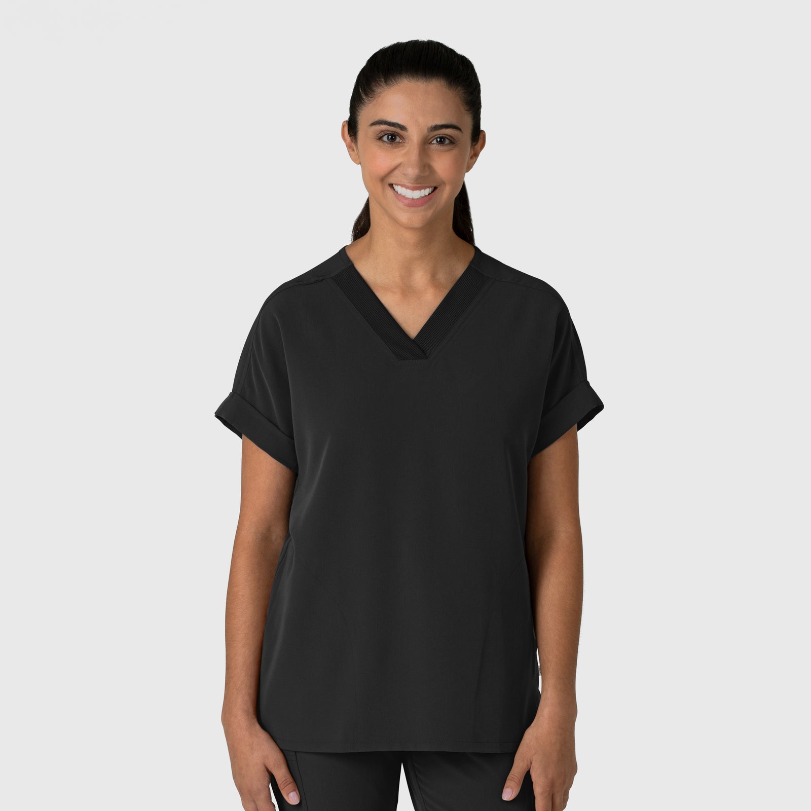 Nova 6232 Drop Shoulder Boxy Scrub Top Black Model Image Front | Wink