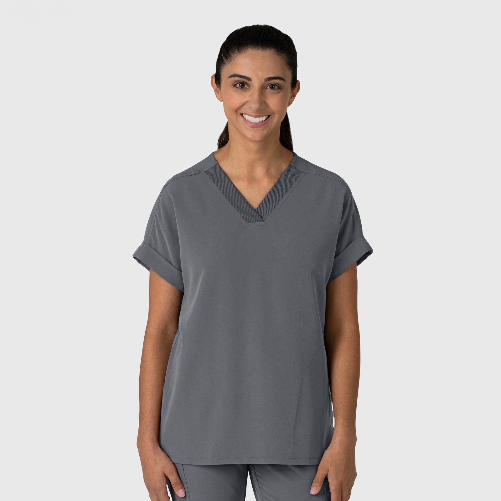 Nova 6232 Drop Shoulder Boxy Scrub Top Pewter Model Image Front | Wink