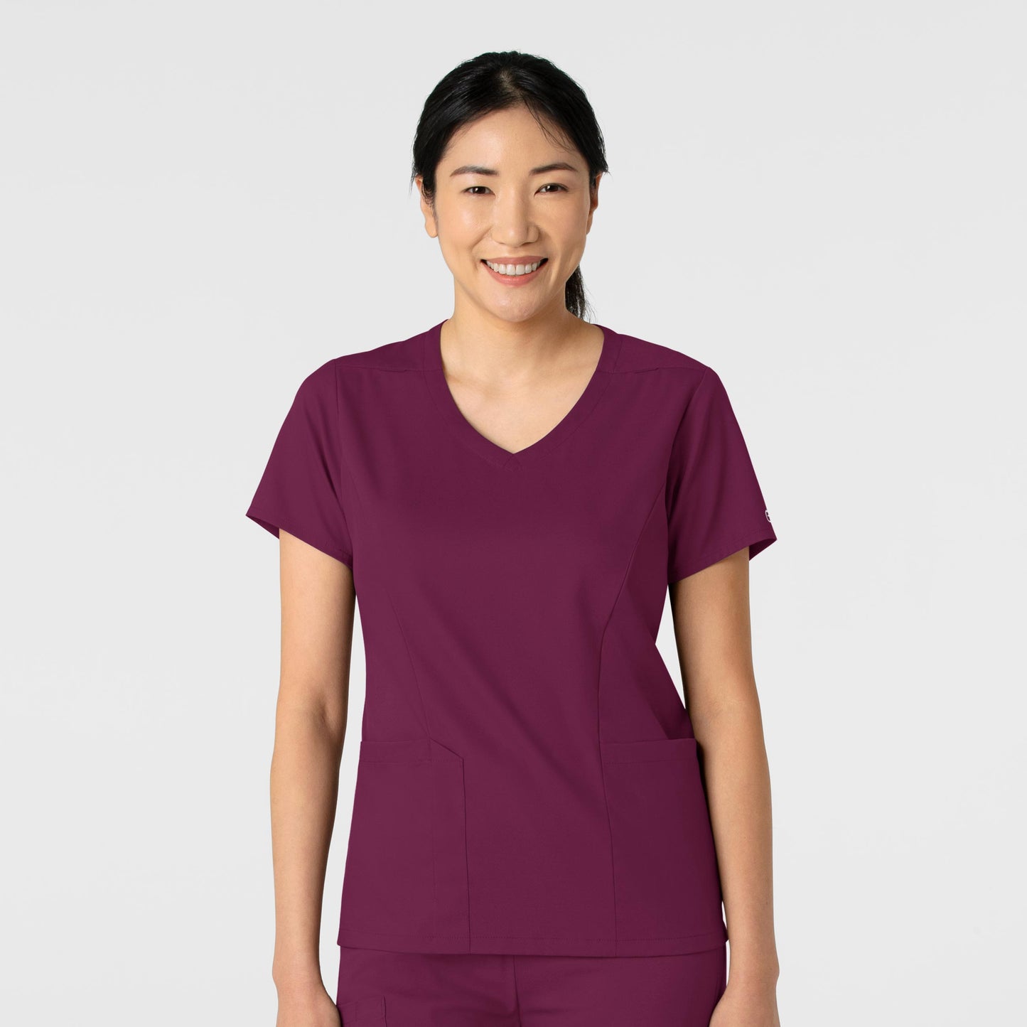 Boundless 6251 2-Pocket V-Neck Scrub Top Wine Model Image Front | Wink