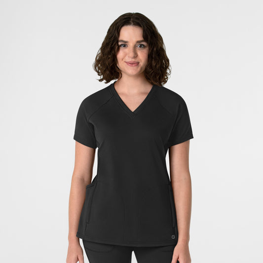 RENEW 6259 Knit Flex-n-Reach V-Neck Raglan Scrub Top Black Model Image Front | Wink