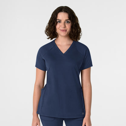 RENEW 6259 Knit Flex-n-Reach V-Neck Raglan Scrub Top Navy Model Image Front | Wink