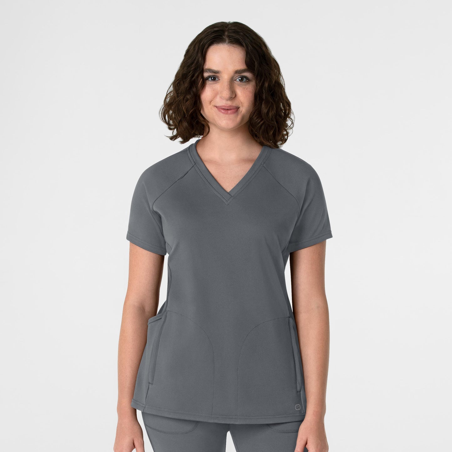 RENEW 6259 Knit Flex-n-Reach V-Neck Raglan Scrub Top Pewter Model Image Front | Wink