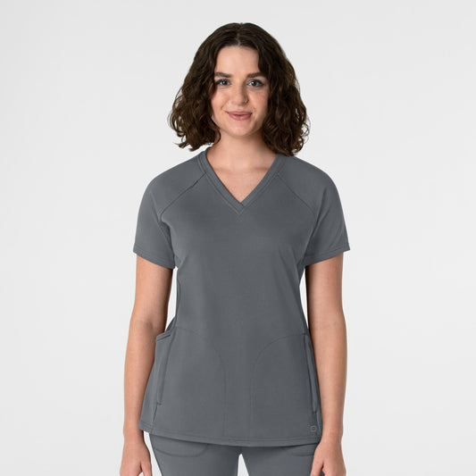 RENEW 6259 Knit Flex-n-Reach V-Neck Raglan Scrub Top Pewter Model Image Front | Wink