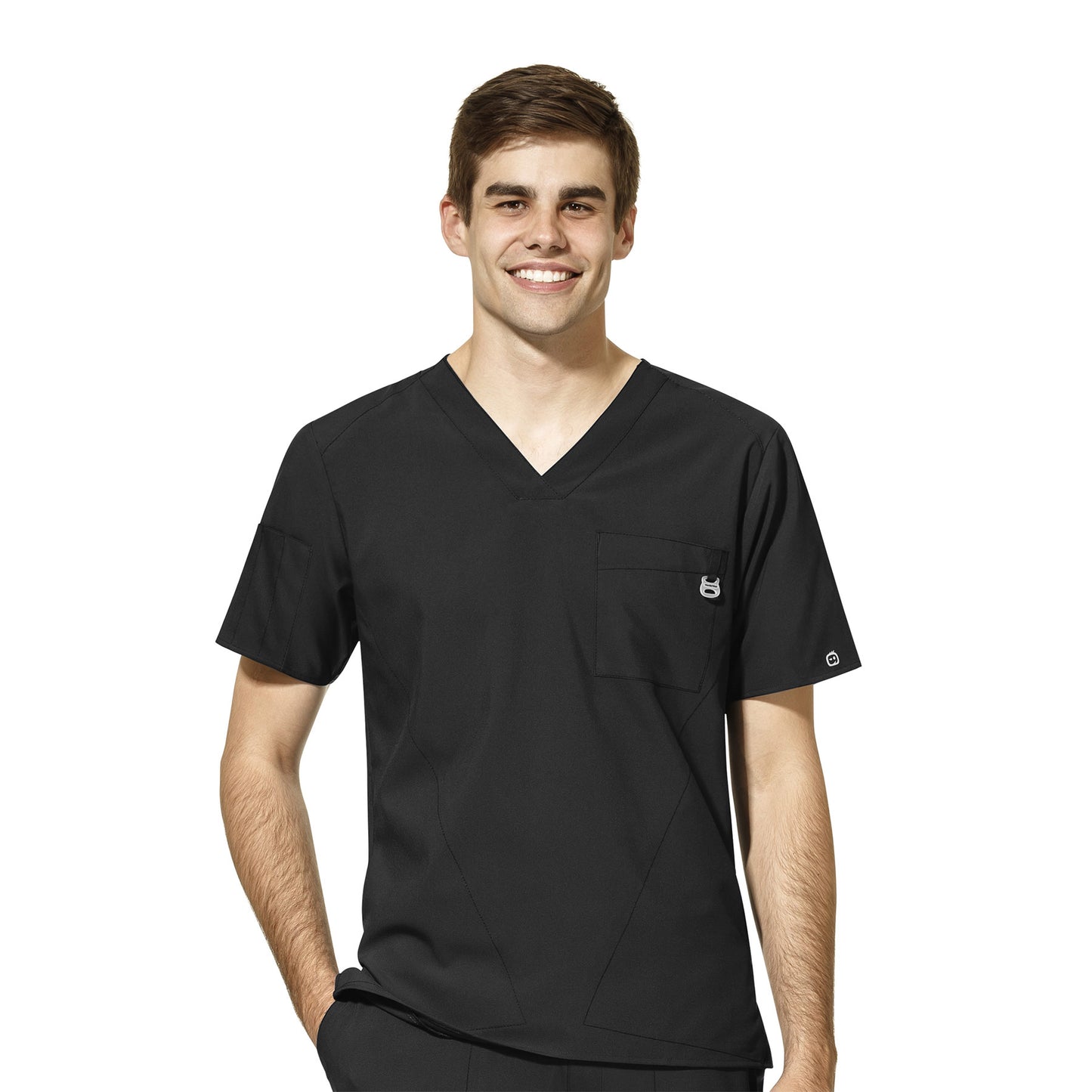 W123 6355 Men's V-Neck Scrub Top Black Model Image Front | Wink