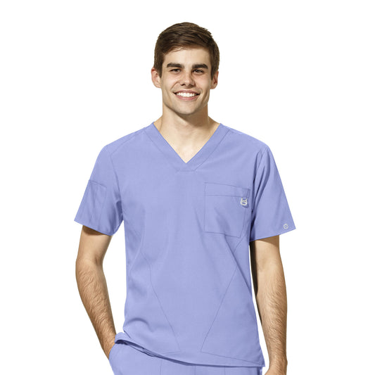 W123 6355 Men's V-Neck Scrub Top Ceil Blue Model Image Front | Wink