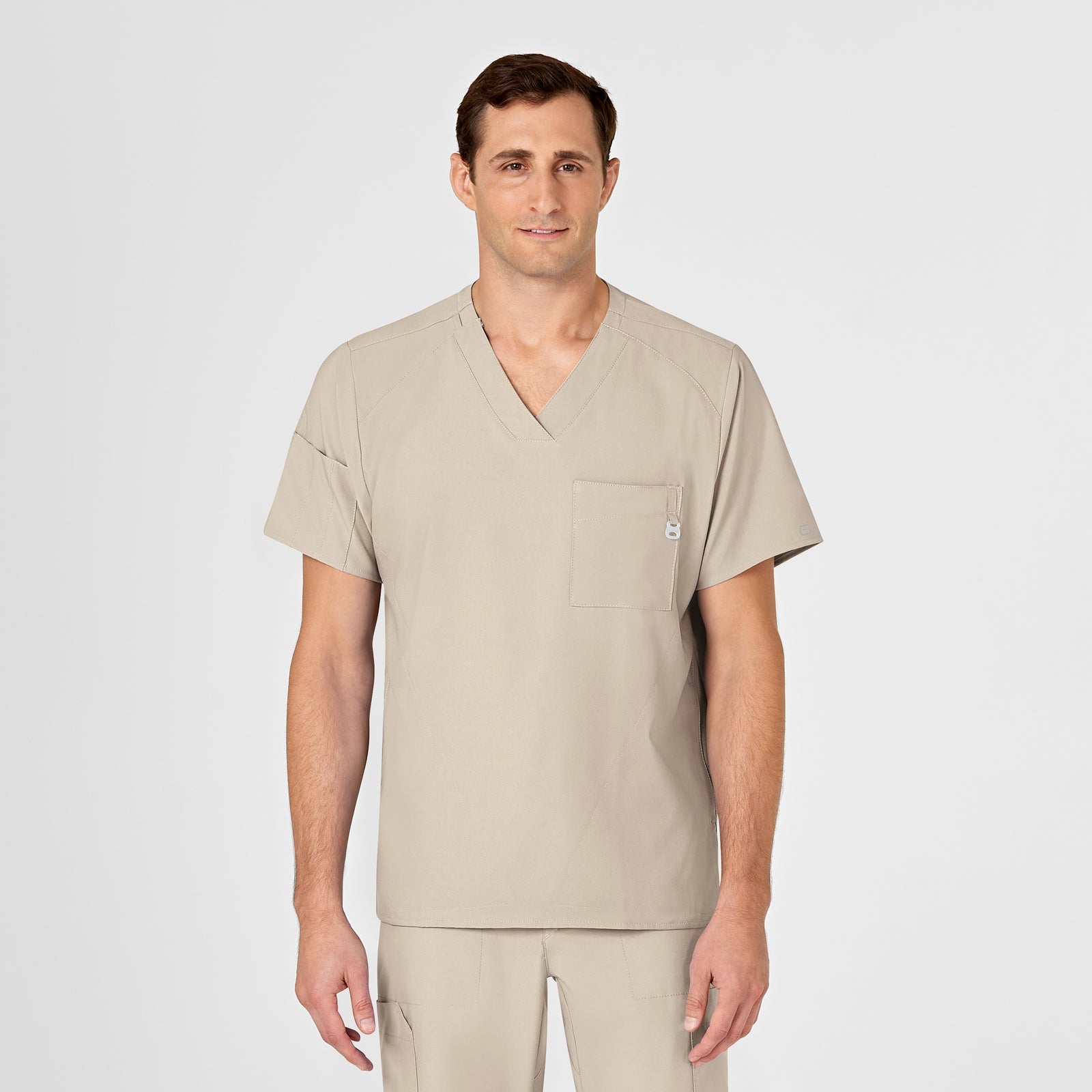 W123 6355 Men's V-Neck Scrub Top Khaki Model Image Front | Wink