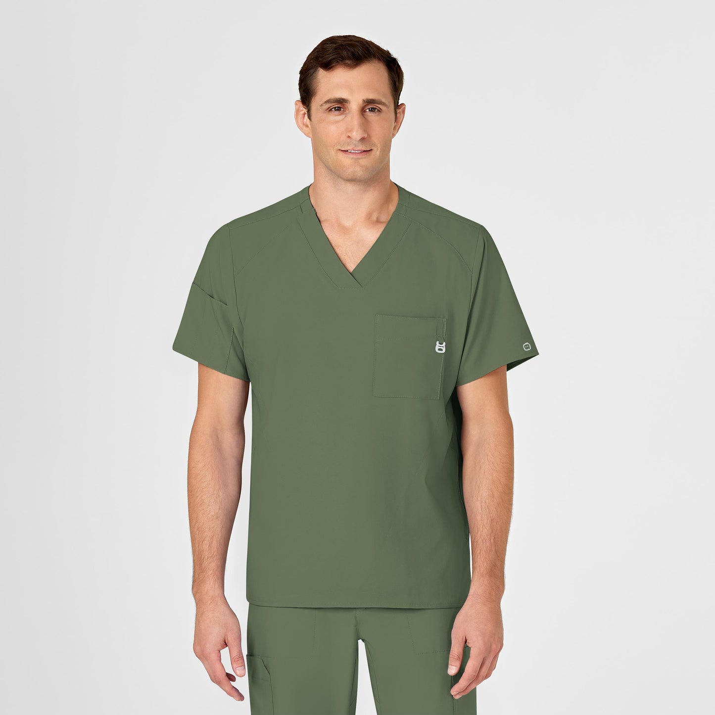 W123 6355 Men's V-Neck Scrub Top Olive Model Image Front | Wink