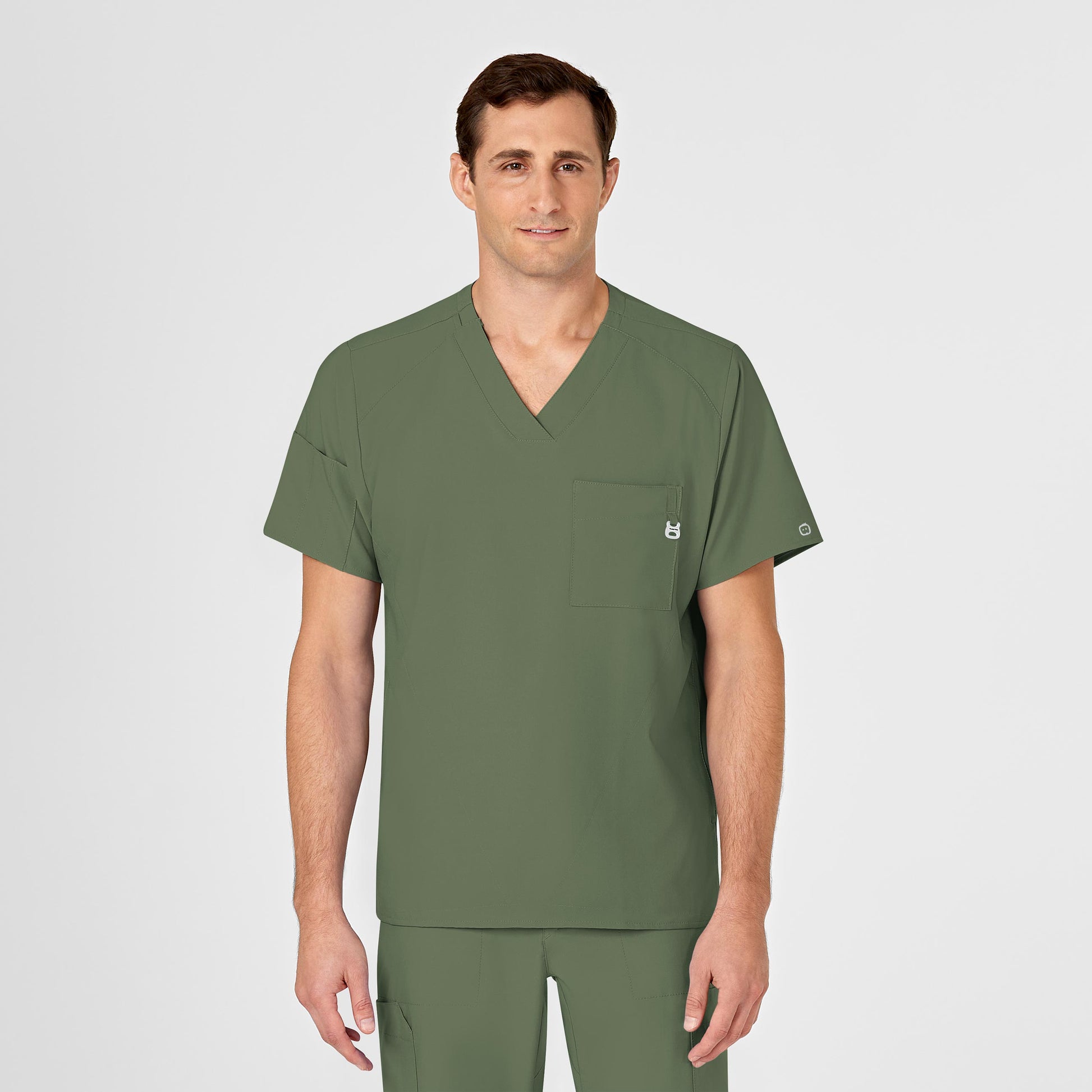 W123 6355 Men's V-Neck Scrub Top Olive Model Image Front | Wink