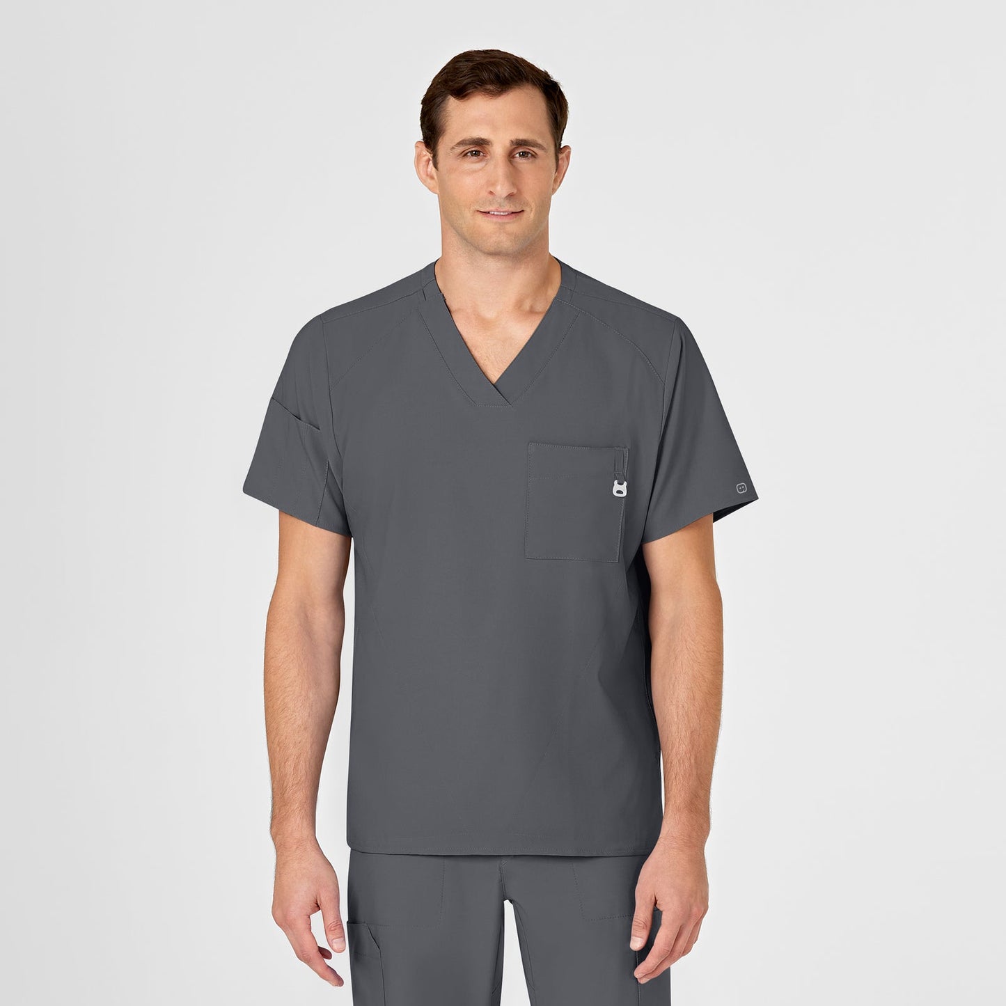 W123 6355 Men's V-Neck Scrub Top Pewter Model Image Front | Wink