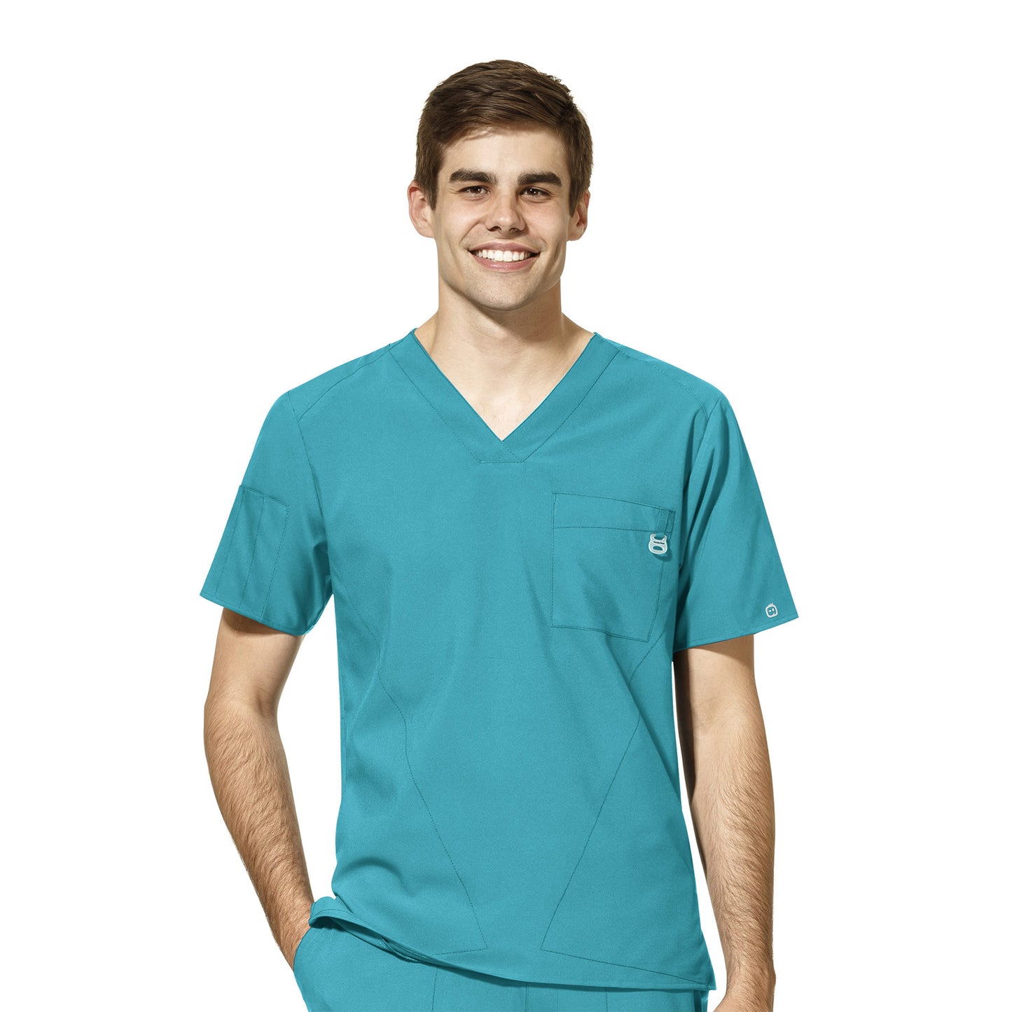 W123 6355 Men's V-Neck Scrub Top Teal Blue Model Image Front | Wink