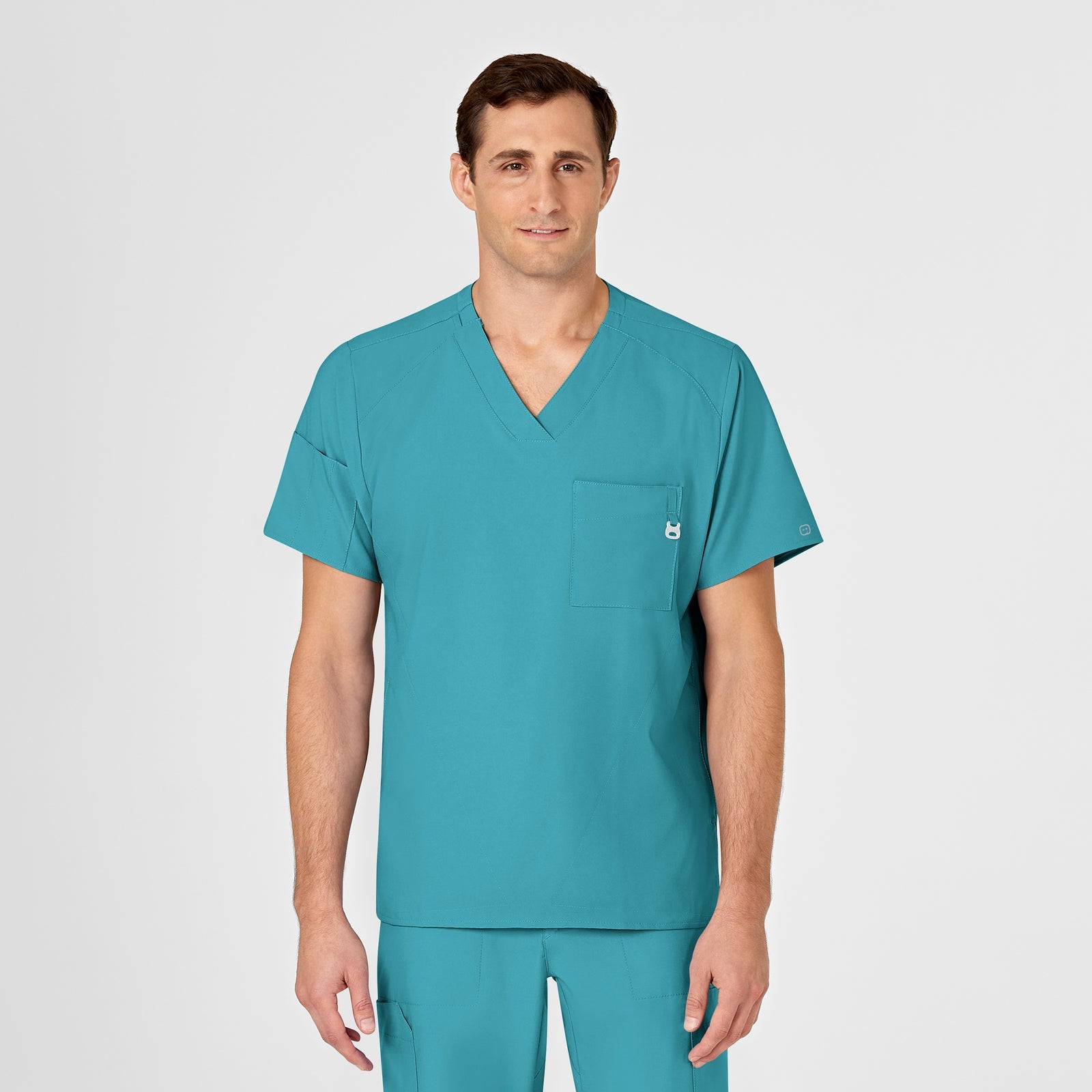 W123 6355 Men's V-Neck Scrub Top Teal Blue Model Image Front | Wink