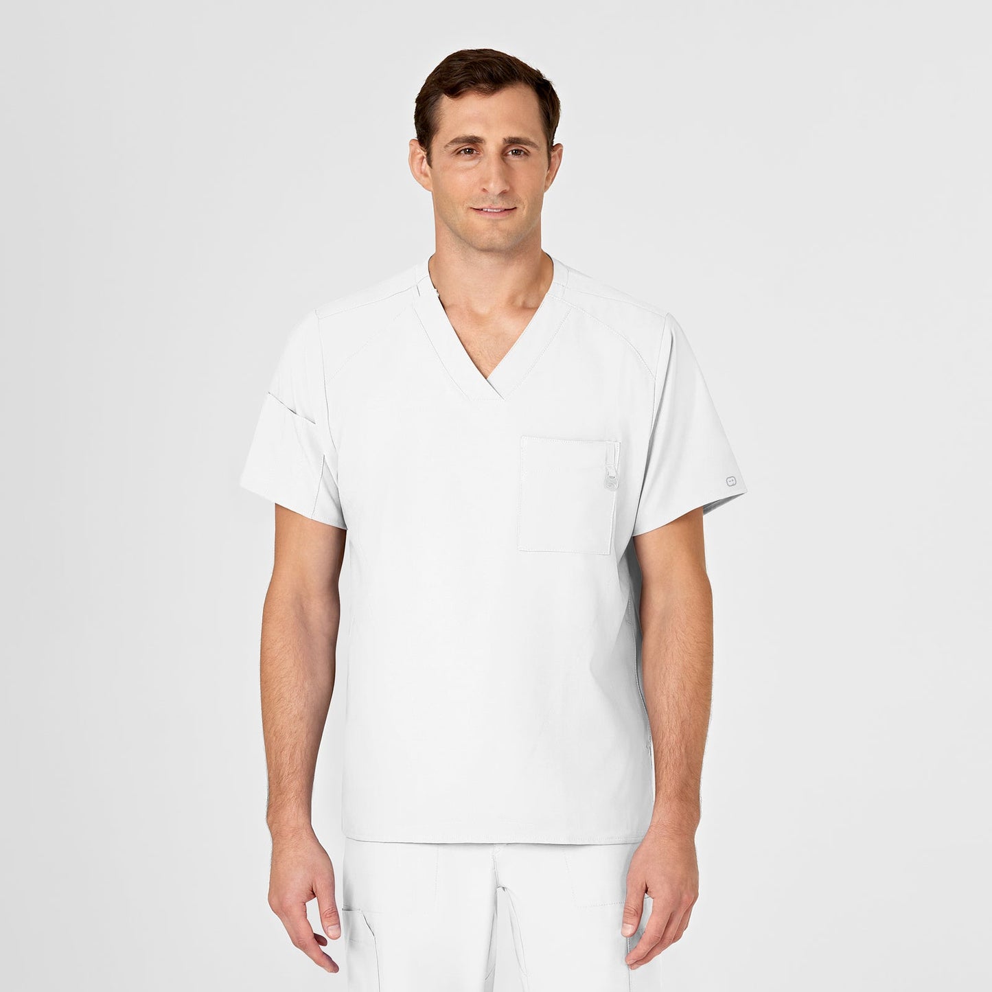 W123 6355 Men's V-Neck Scrub Top White Model Image Front | Wink