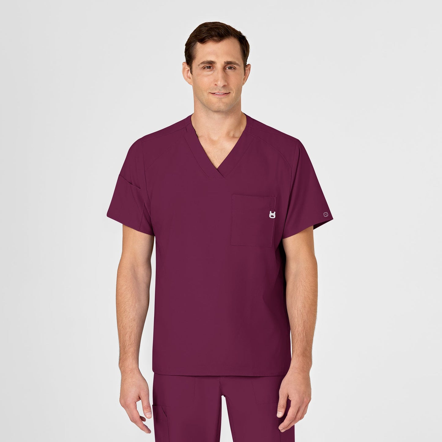 W123 6355 Men's V-Neck Scrub Top Wine Model Image Front | Wink