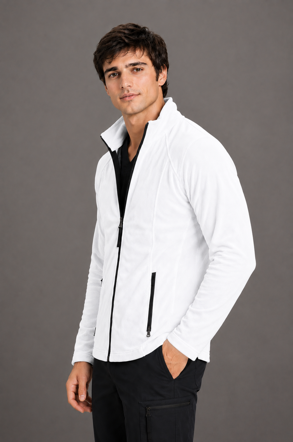 Perfect Fleece 6555 Men's 2 Pocket Bonded Fleece Full Zip Jacket White