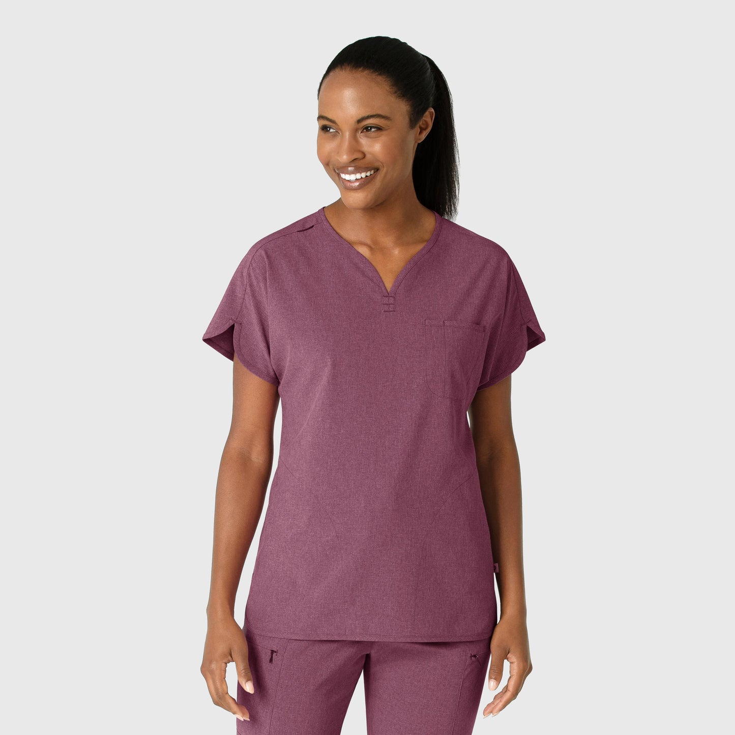 RENEW 6634 Dolman Scrub Top Wine Heather Model Image Front | Wink