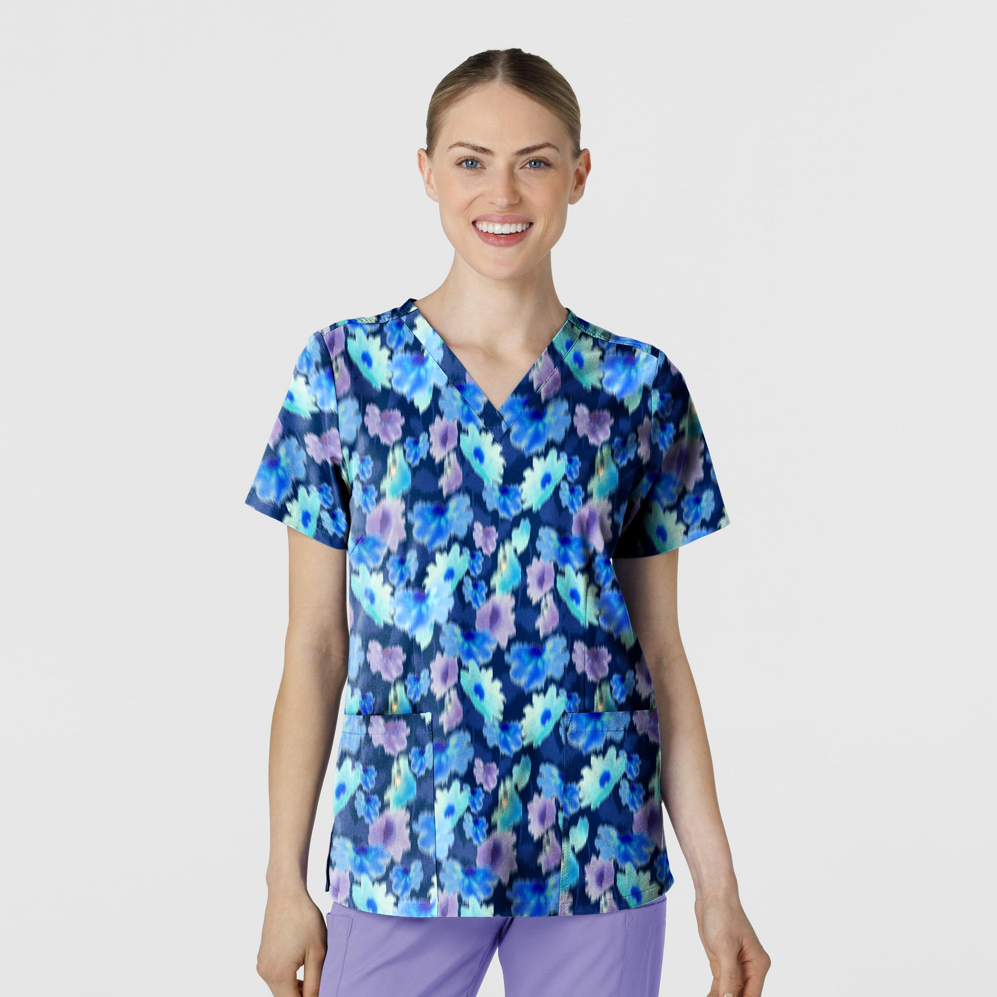 Fashion Prints 6657 Fitted 3-Pocket V-Neck Print Scrub Top Flower Meadow Model Image Front | Wink