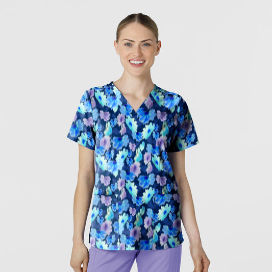 Fashion Prints 6657 Fitted 3-Pocket V-Neck Print Scrub Top Flower Meadow Model Image Front | Wink