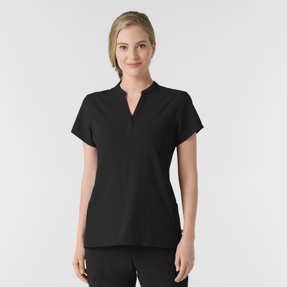 RENEW 6734 Mandarin Collar Scrub Top Black Model Image Front | Wink