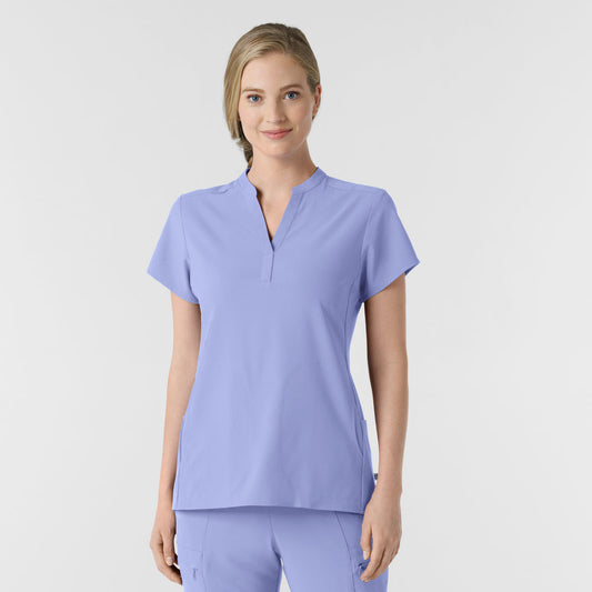 RENEW 6734 Mandarin Collar Scrub Top Ceil Blue Model Image Front | Wink