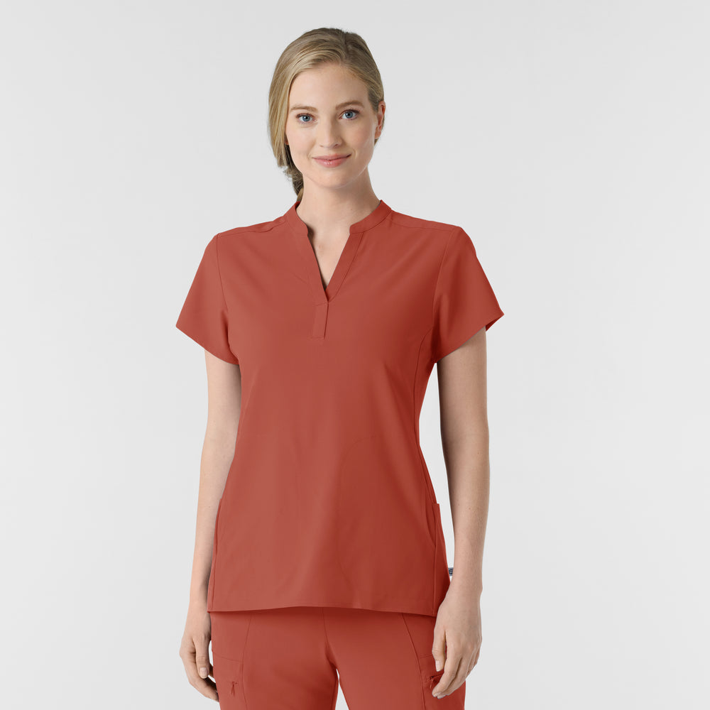 RENEW 6734 Mandarin Collar Scrub Top Mineral Red Model Image Front | Wink