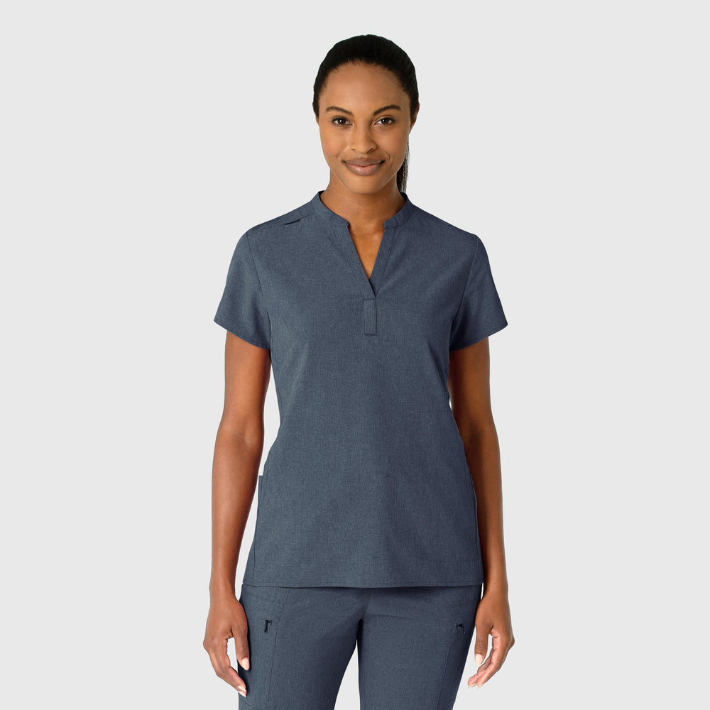 RENEW 6734 Mandarin Collar Scrub Top Navy Heather Model Image Front | Wink